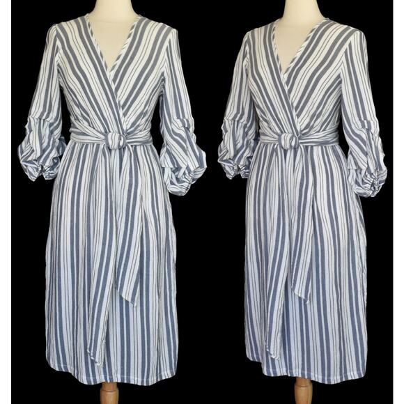 Vintage Y2K Max Studio Blue Stripe Day Dress, Faux Wrap Bodice, New with Tags S - Picture 3 of 9